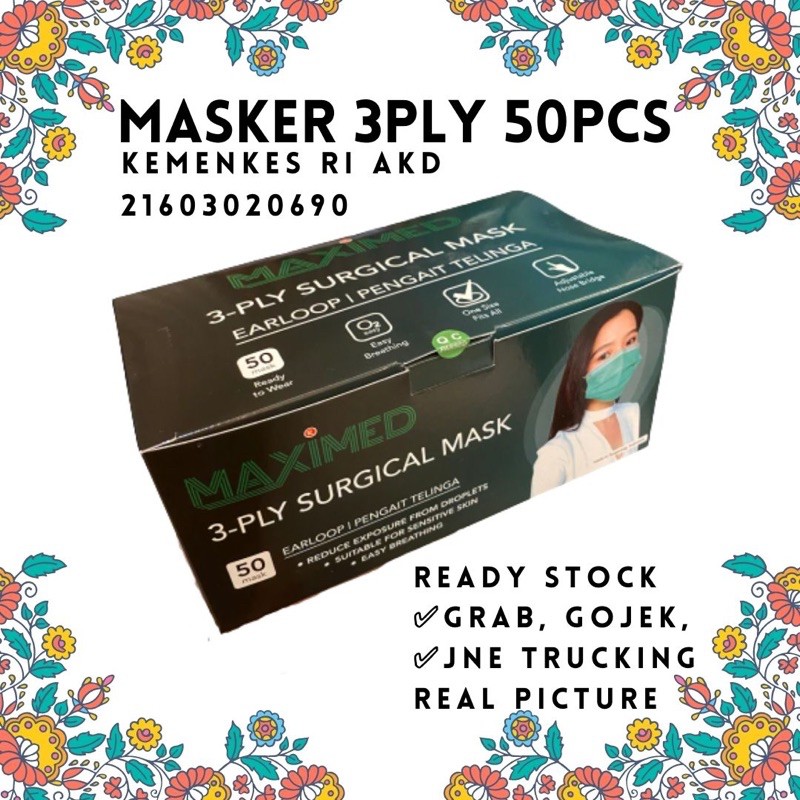 MAXIMED Masker Medis3Ply 50pcs Earloop BISA COD BOX Masker Wajah Kesehatan 3Ply