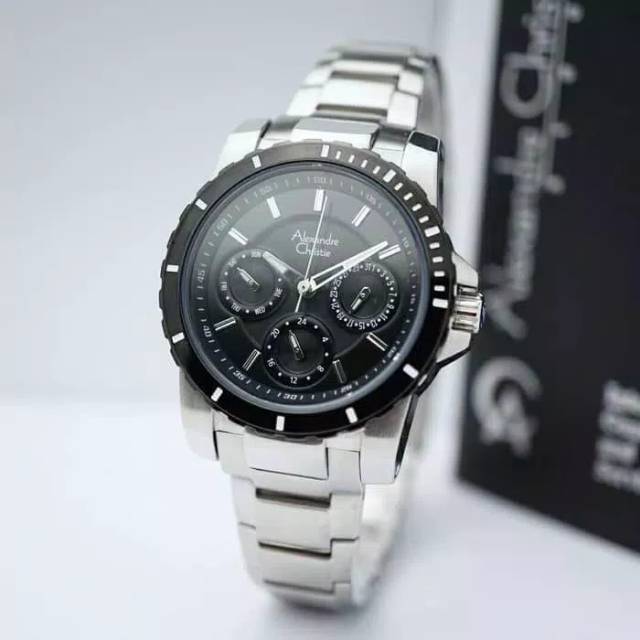 JAM TANGAN CEWEK / WANITA ALEXANDRE CHRISTIE SILVER BLACK RANTAI ORIGINAL - HITAM PUTIH AC 6141