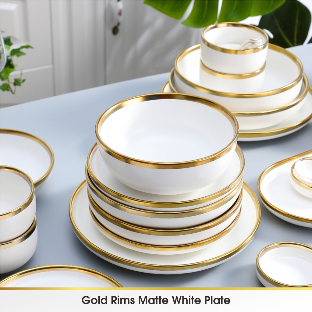 [SATUAN] WHITE - Piring Mangkok Makan Keramik Pinggiran Emas Cantik Ceramic Mewah Western Steak Gold Rim Plate