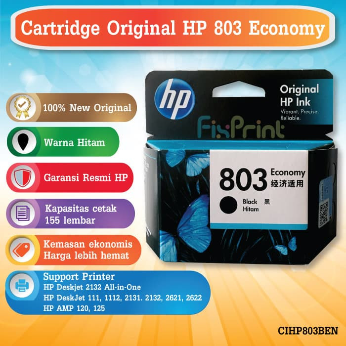 HP 803 Black Original Cartridge Economy Tinta Printer 1112 2132 FSB1346