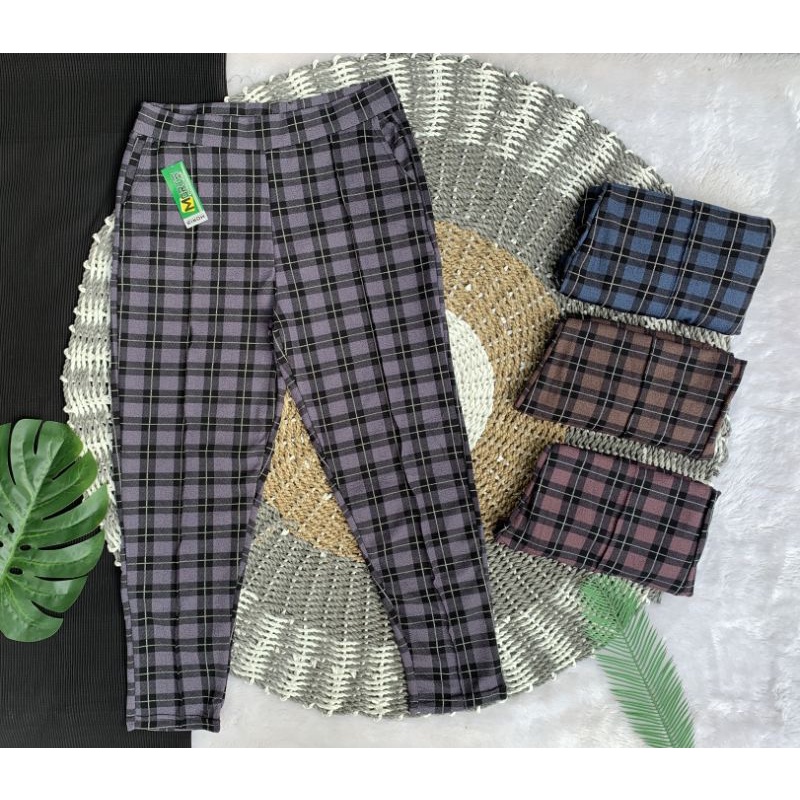 CELANA JUMBO BIG SIZE WANITA CELANA PANJANG KOTAK KOTAK TARTAN PANTS LUNA PANTS CELANA CEWEK BAHAN MELAR