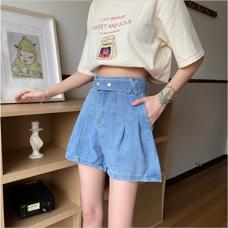 Celana Denim Fashion Celana Pendek Denim Celana Kasual Pinggang Tinggi Celana Wanita Longgar Korean style