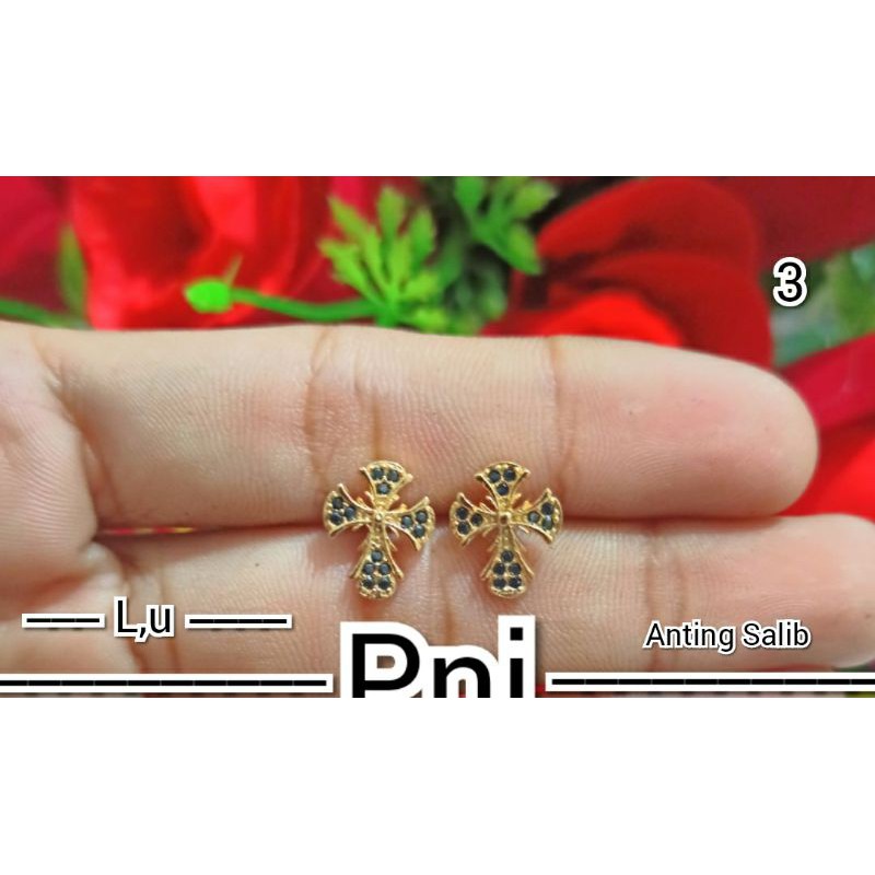 Fourfashion Anting Rohani Kristen Katolik Anting Salib Mata Zircon Perhiasan Lapis Emas PD05