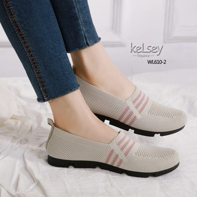 SEPATU SNEAKERS TANPA TALI WANITA KELSEY ORI BRANDED ELASTIS 610-2 - Beige, 36