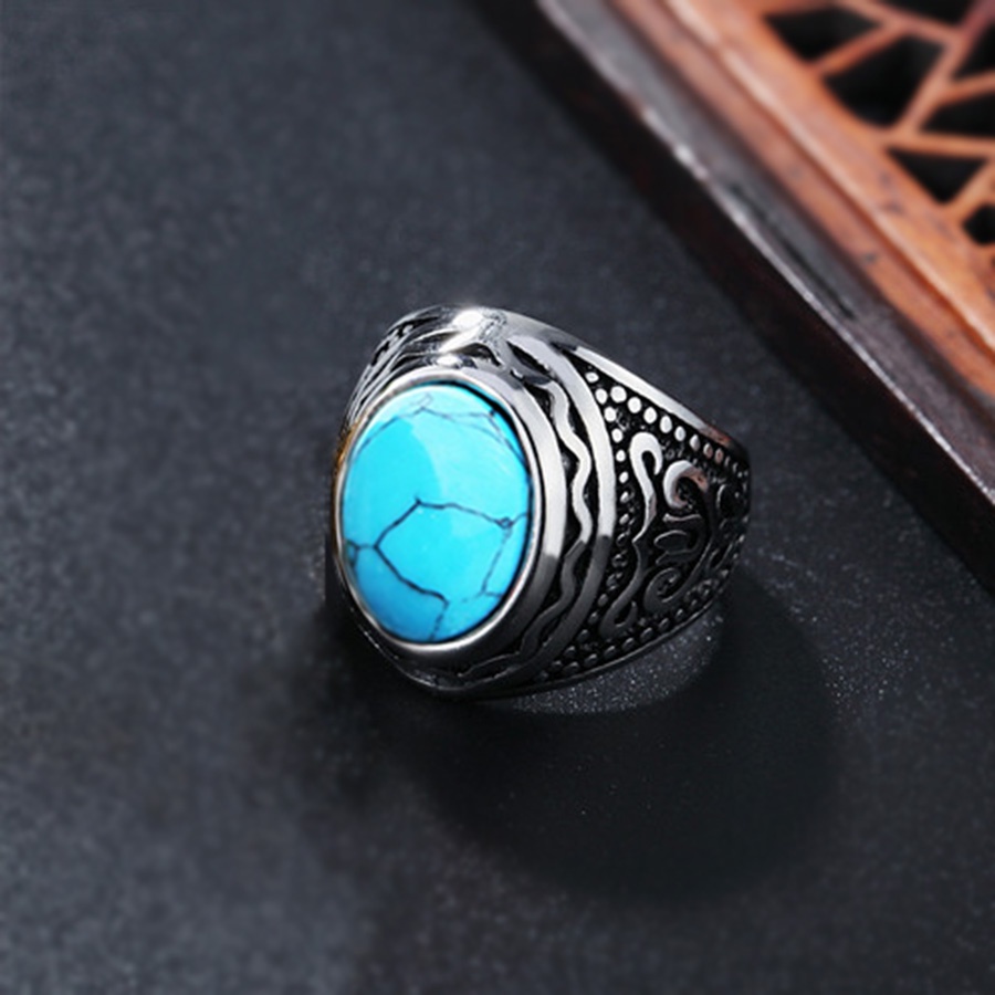 Batu Pirus Dan Mata Harimau Cincin Jari Baja Titanium Perak Pria Punk Fashion Perhiasan Rings