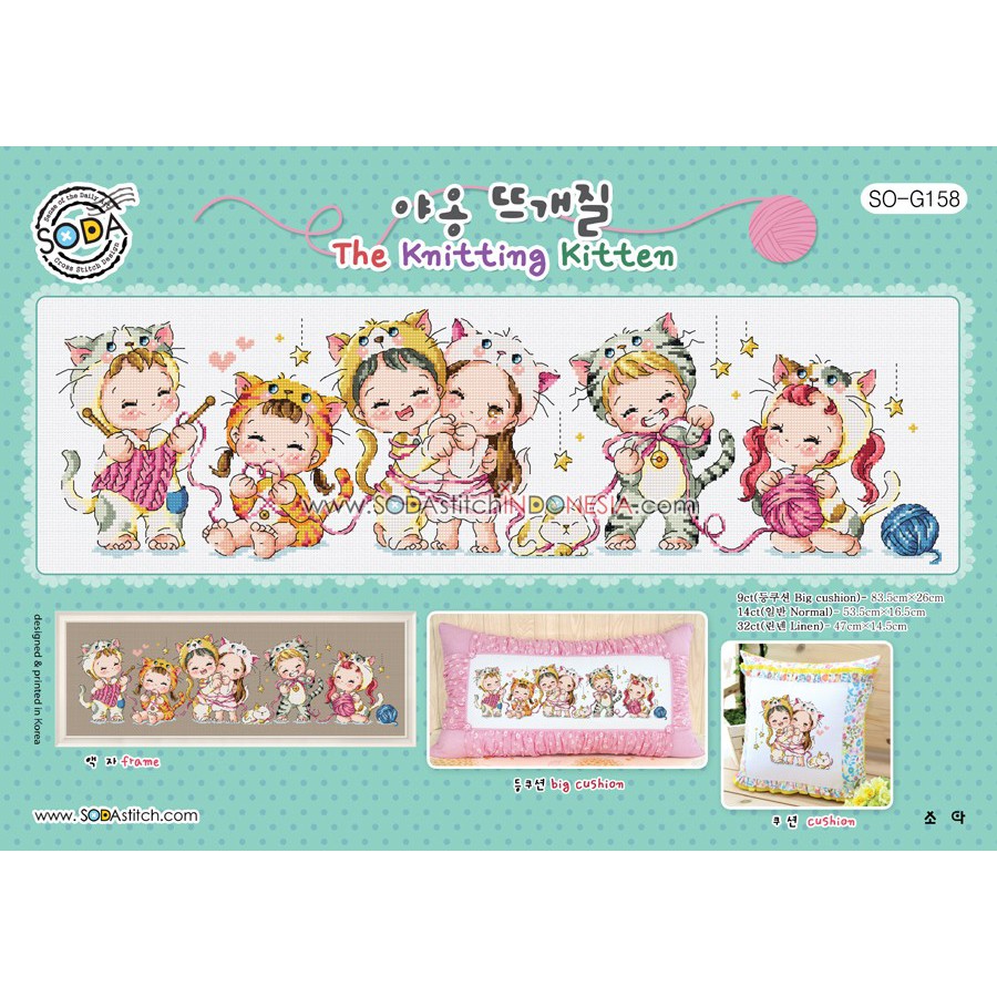 Paket DIY Craft Sulam Kristik Strimin Cross Stitch Sodastitch SO-G158 - Knitting Kitten Kucing Rajut