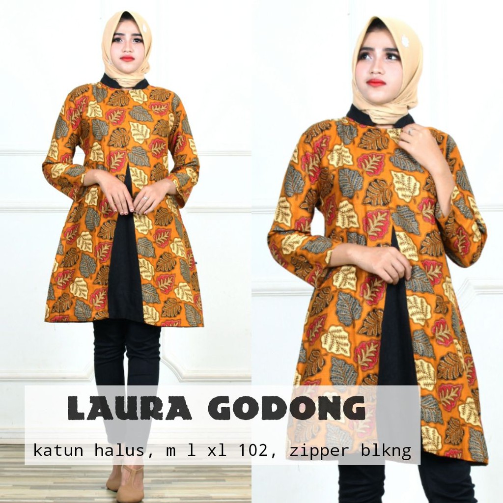 Tunik Laura Godong Seling Warna Aksen Belahan Depan Batik Muslim Kantor Midi