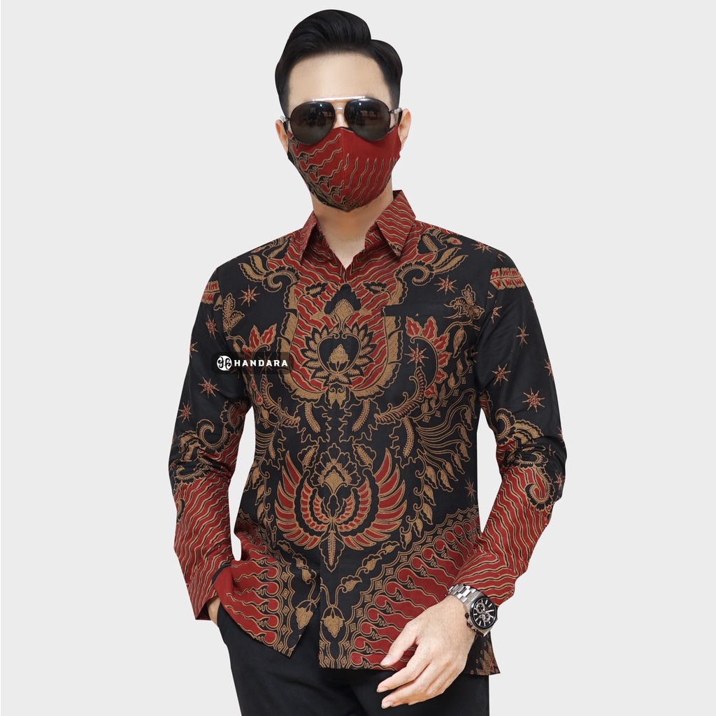 Baju Kemeja Batik Pria Lengan Panjang Slim Fit Premium Modern Full Furing Katun Halus Original Handara Motif Baraja Merah Maroon HB-117