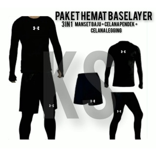 Paket Baju Baselayer Stelan pakaian Olahraga Lengan Panjang  Baselayer + Celana Pendek + Legging Panjang