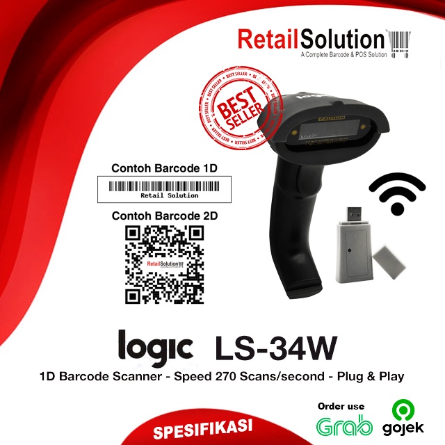 Barcode Scanner 1D Wireless  - Logic LS34W / LS-34W / LS34 W / LS-34 W