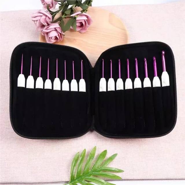 Jarum rajut alat rajut hakpen set 16pc 1.0-6.0mm dan tas cantik biru atau pink premium quality