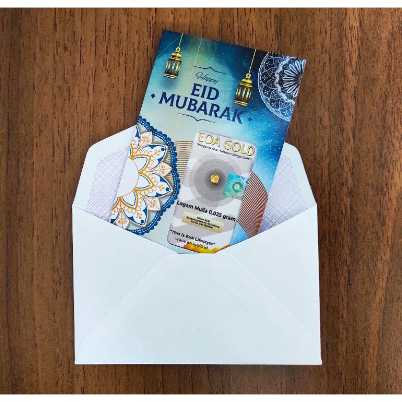 Kartu Ucapan Minigold, Eoa gold, emas mini, salam gold + gratis Amplop putih-Eid mubarak biru