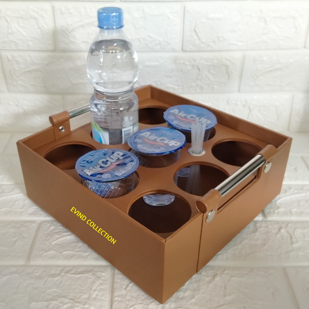 Tempat Air Mineral Gelas Multifungsi 2 In 1 Isi 9 Cup Keranjang Aqua Gelas Kulit Sintetis Premium