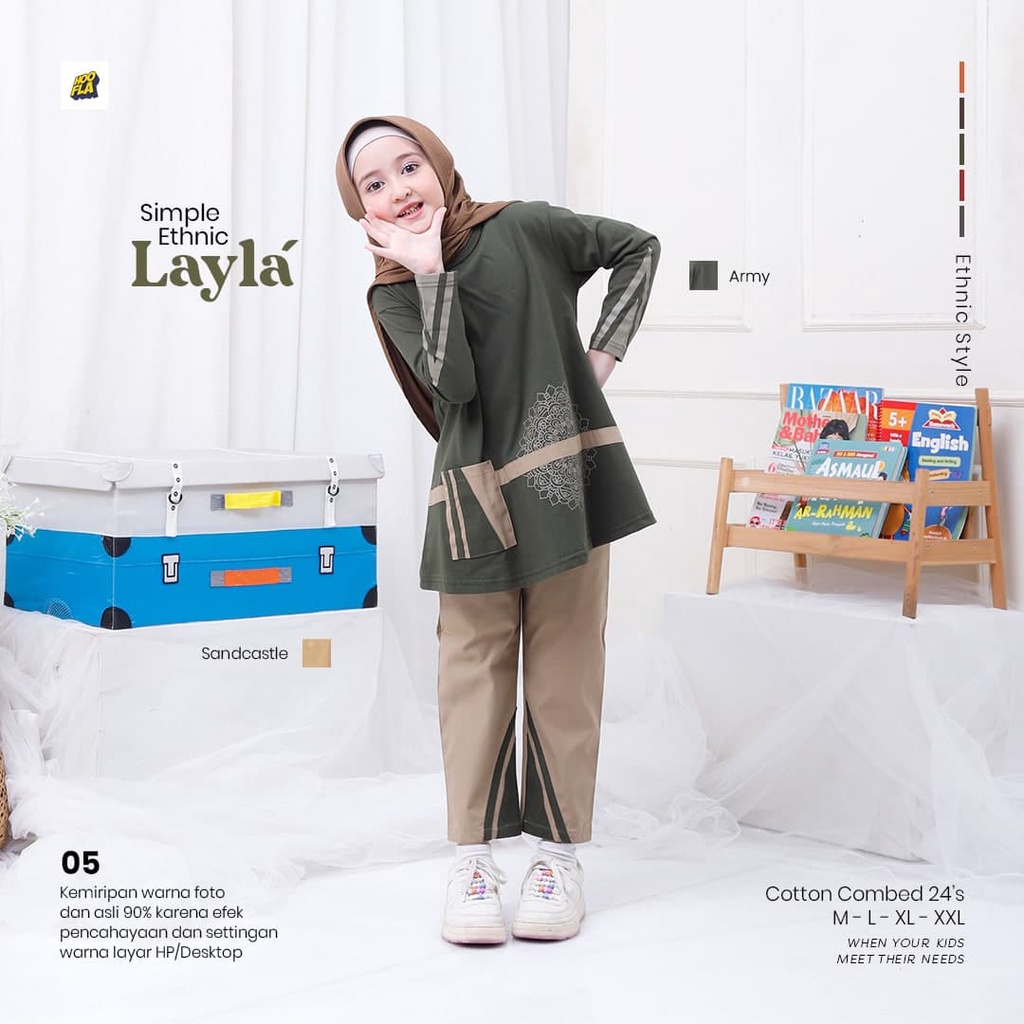 HOOFLA Setelan Baju Celana Panjang Anak Perempuan Usia 3-12 Tahun Layla Simple Ethnic Style