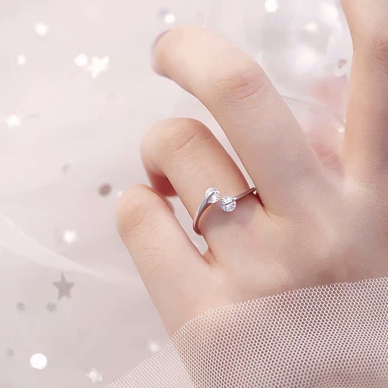 925 Silver Double Diamond Ring Pembukaan Cincin Ukuran Disesuaikan Cincin Sederhana Gaya Korea Cincin Wanita