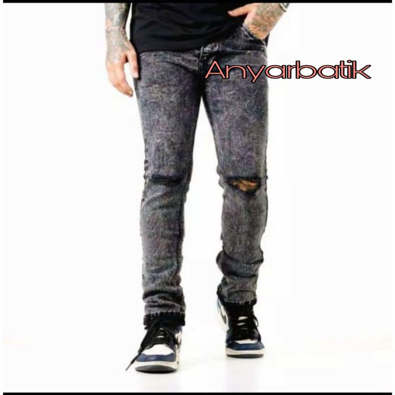 Celana Jeans Sobek Lutut Pria Ripped Jeans Snow 27-33 Skinny Strecht