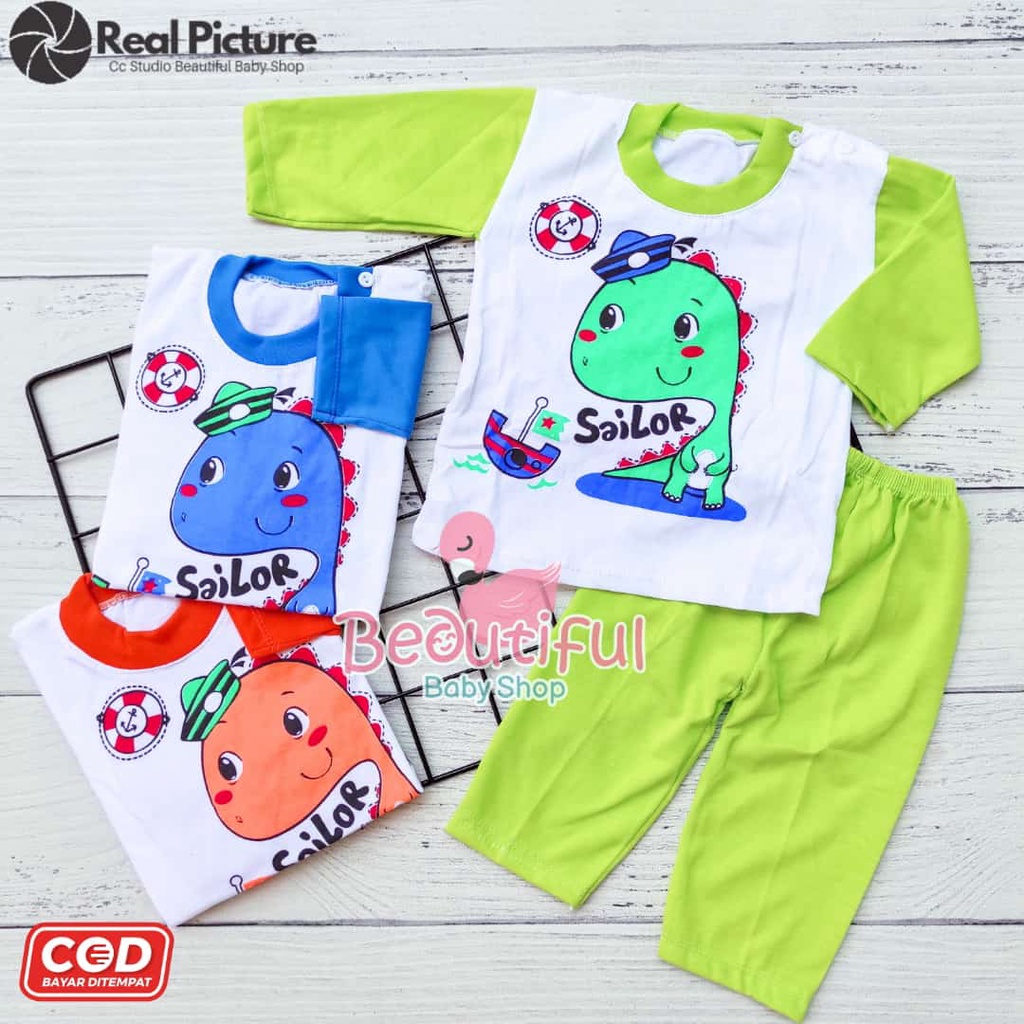 Setelan Baju Bayi Lengan Panjang Motif Dino Salior / Setelan Piyama Bayi / Baju Bayi Panjang / Baju Tidur Bayi / Baby.ou_