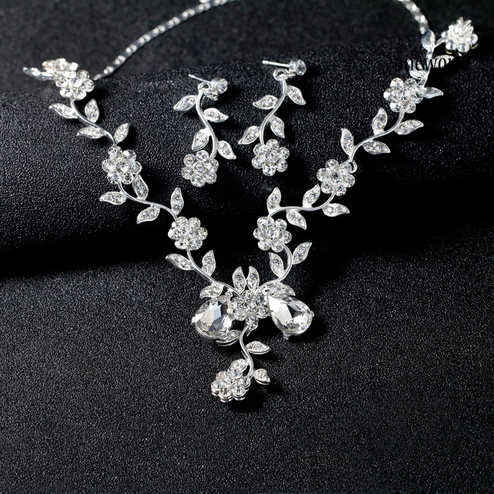 OW@ Women Rhinestone Leaves Flower Necklace Stud Earrings Wedding Bridal Jewelry Set