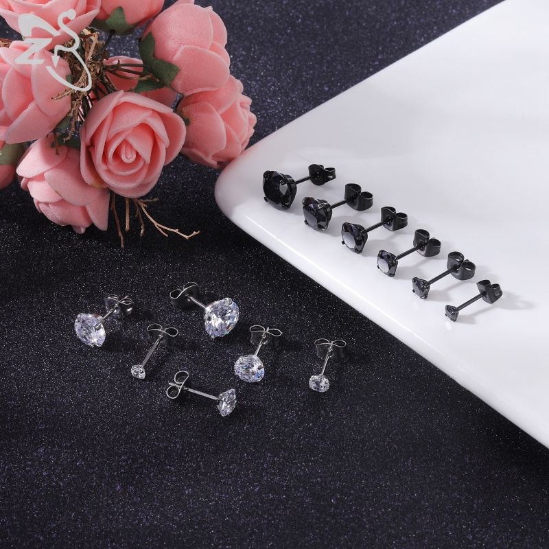 6 Pasang / Lot Anting Stud Helix Conch Zircon Shiny Bahan Stainless Steel 20g Ukuran 3-8mm