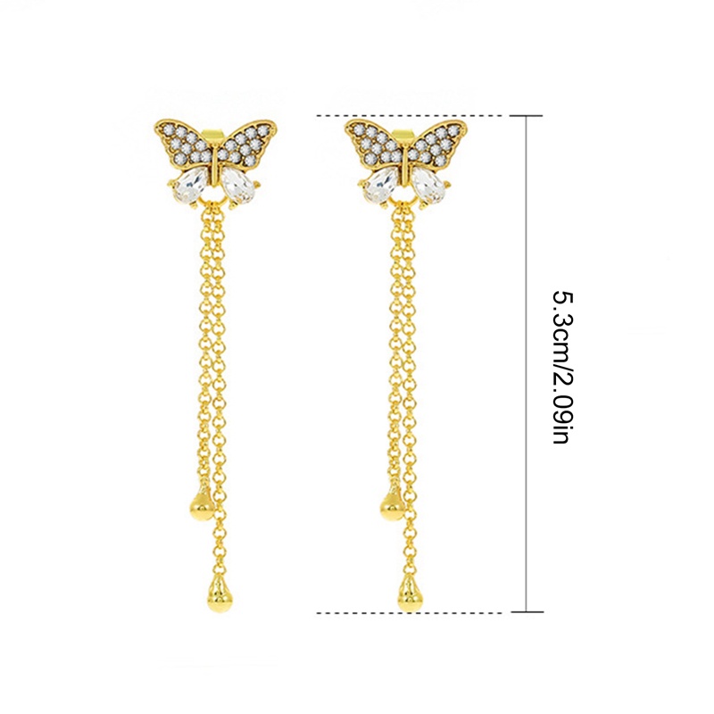 Anting Rumbai Panjang Desain Kupu-Kupu Aksen Kristal Bahan Zirkon Warna Emas Gaya Korea Untuk Wanita