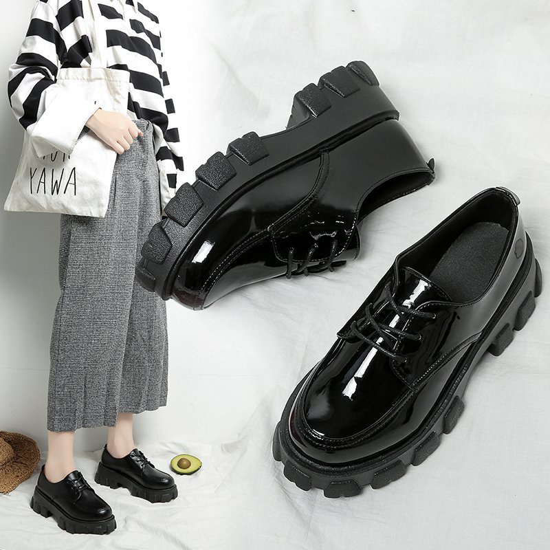 Sepatu Oxford Derby Hak Tinggi Wanita Flatform Ankle Boots Platform Shoes Heels Bot Import Kulit Hitam Black - Ukuran 35 36 37 38 39 40