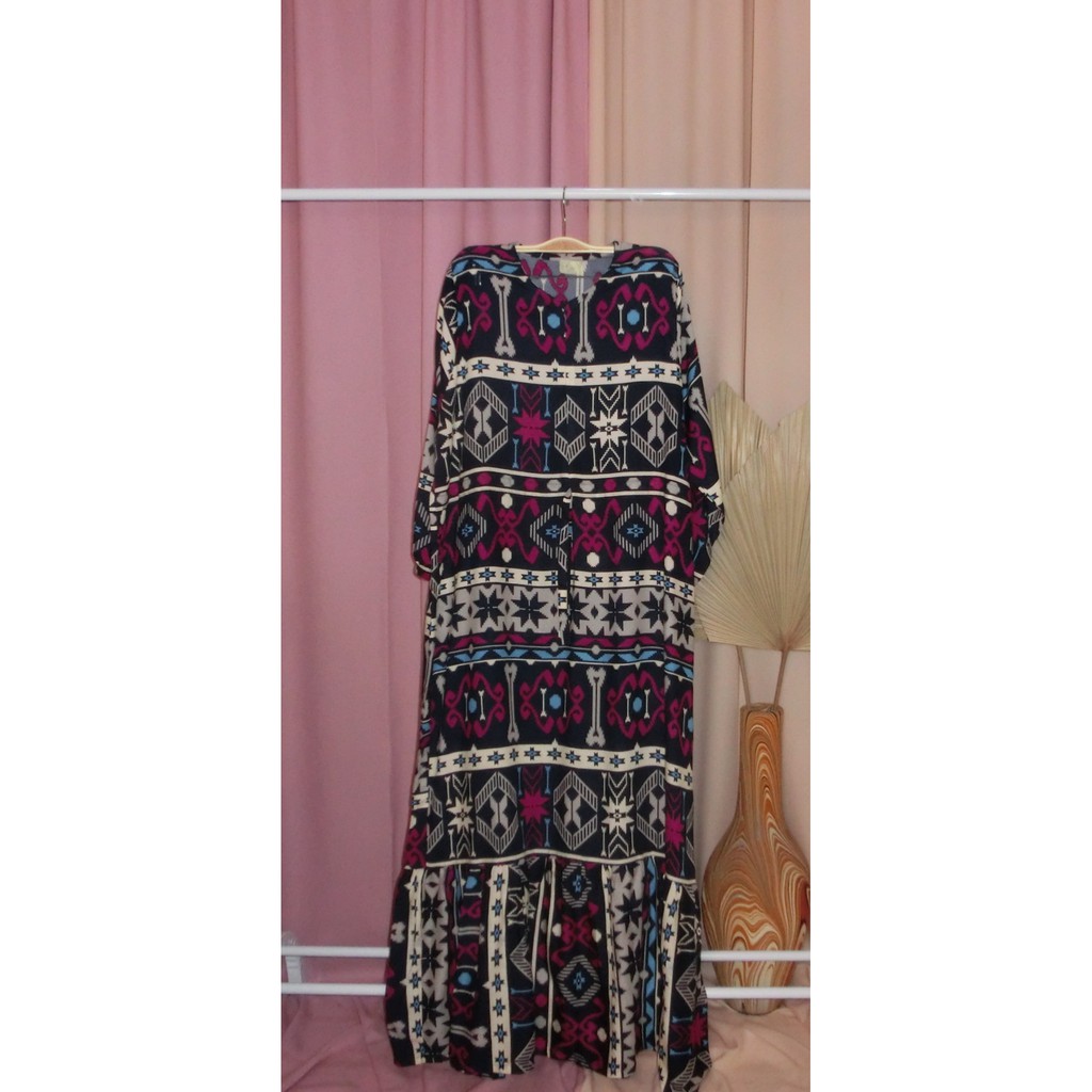 Gamis Dress Baju Etnik Biru Dongker Navy Tali Kerut