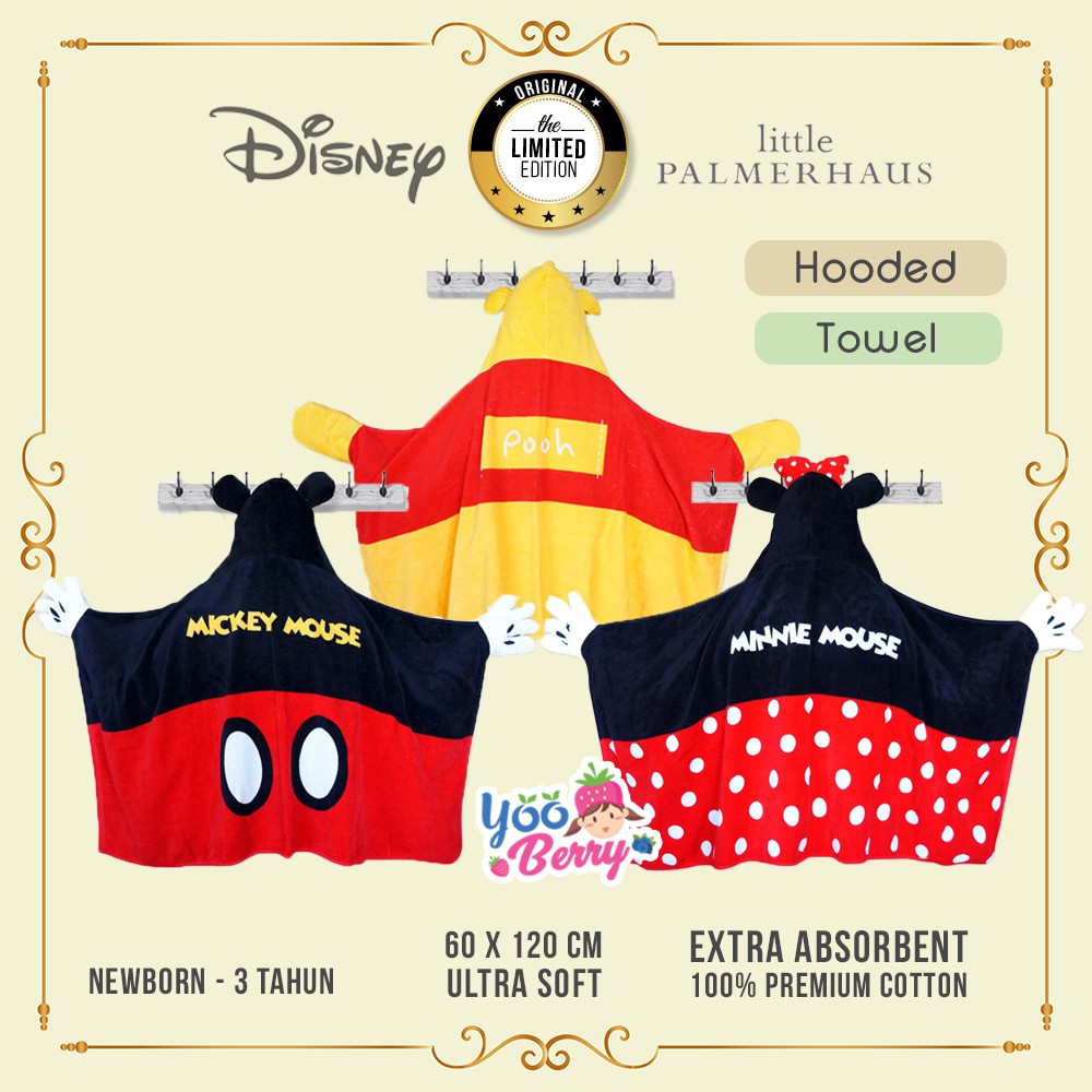 Disney Little Palmerhaus Hooded Baby Towel Handuk Bayi Karakter Katun Mickey Minnie Winnie the Pooh Berry Mart