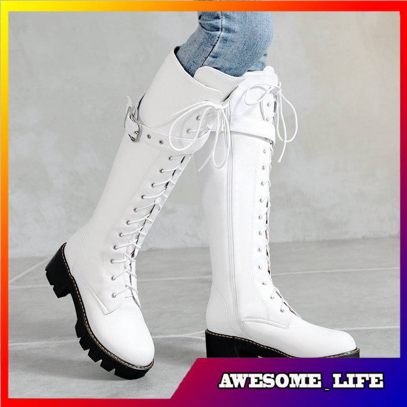 Sepatu Boots Panjang Wanita Autumn   Platform Low Heel Knee High Heel Lacing Zipper Long  Winter  La