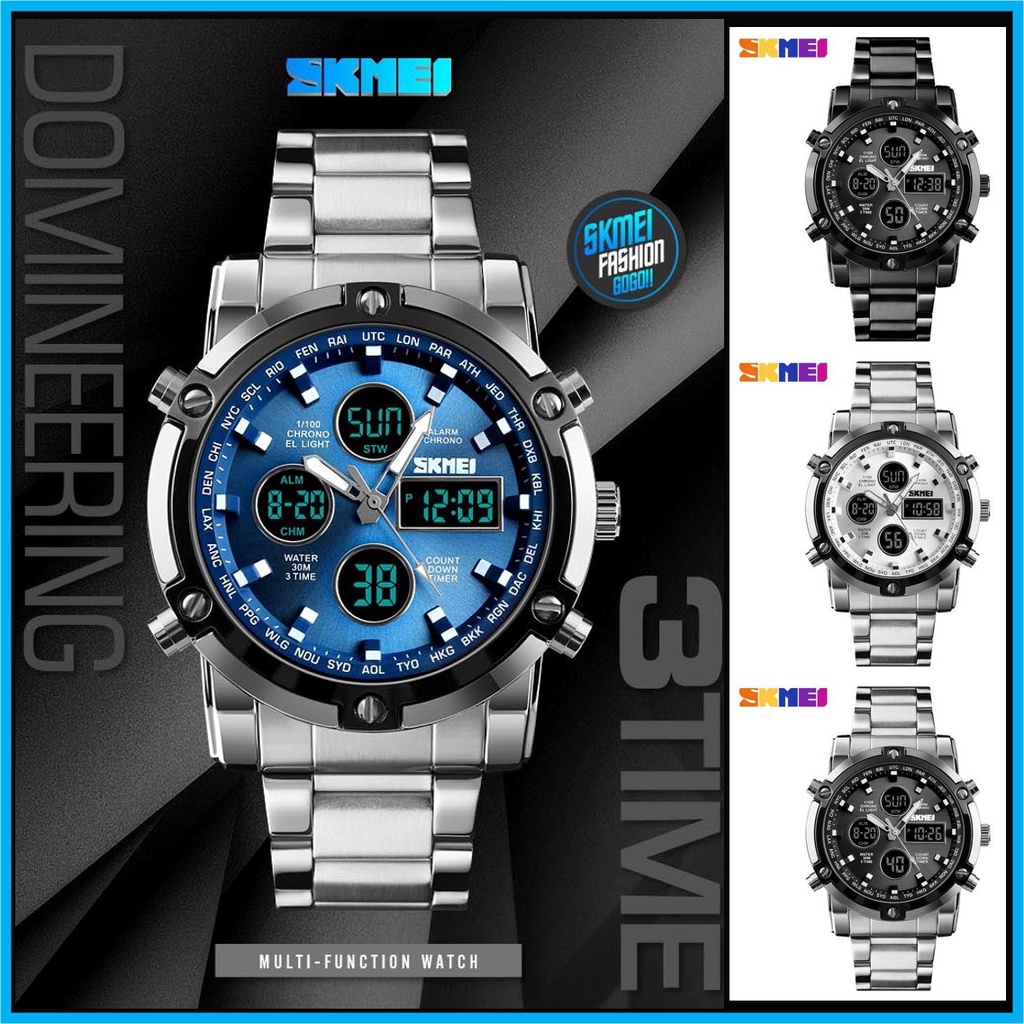 [BISA COD] SKMEI 1389 Jam Tangan Pria Cowok Digital Analog Tali Rante Stenlis Anti Air jam tangan co