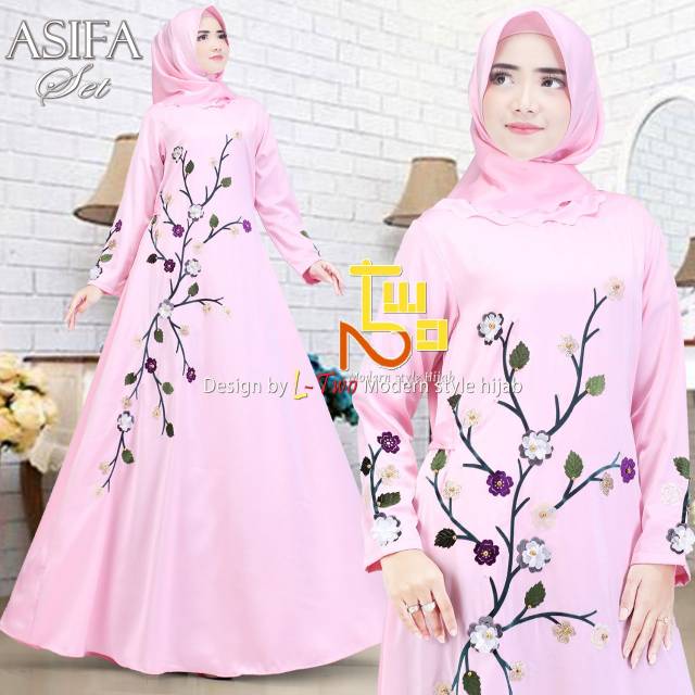 ASIFA Set By L Two Towe Hijab Original Design - Gamis Abaya Pesta Cavali Silk Polos Mewah Simple