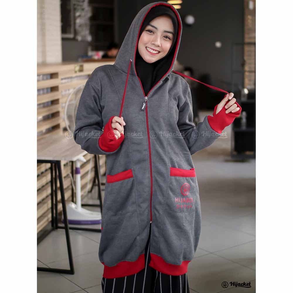 Jaket Hijab Muslimah Wanita Cewek Cewe Jacket Hoodie Panjang Warna Abu Tua YK Dark Grey terakhir