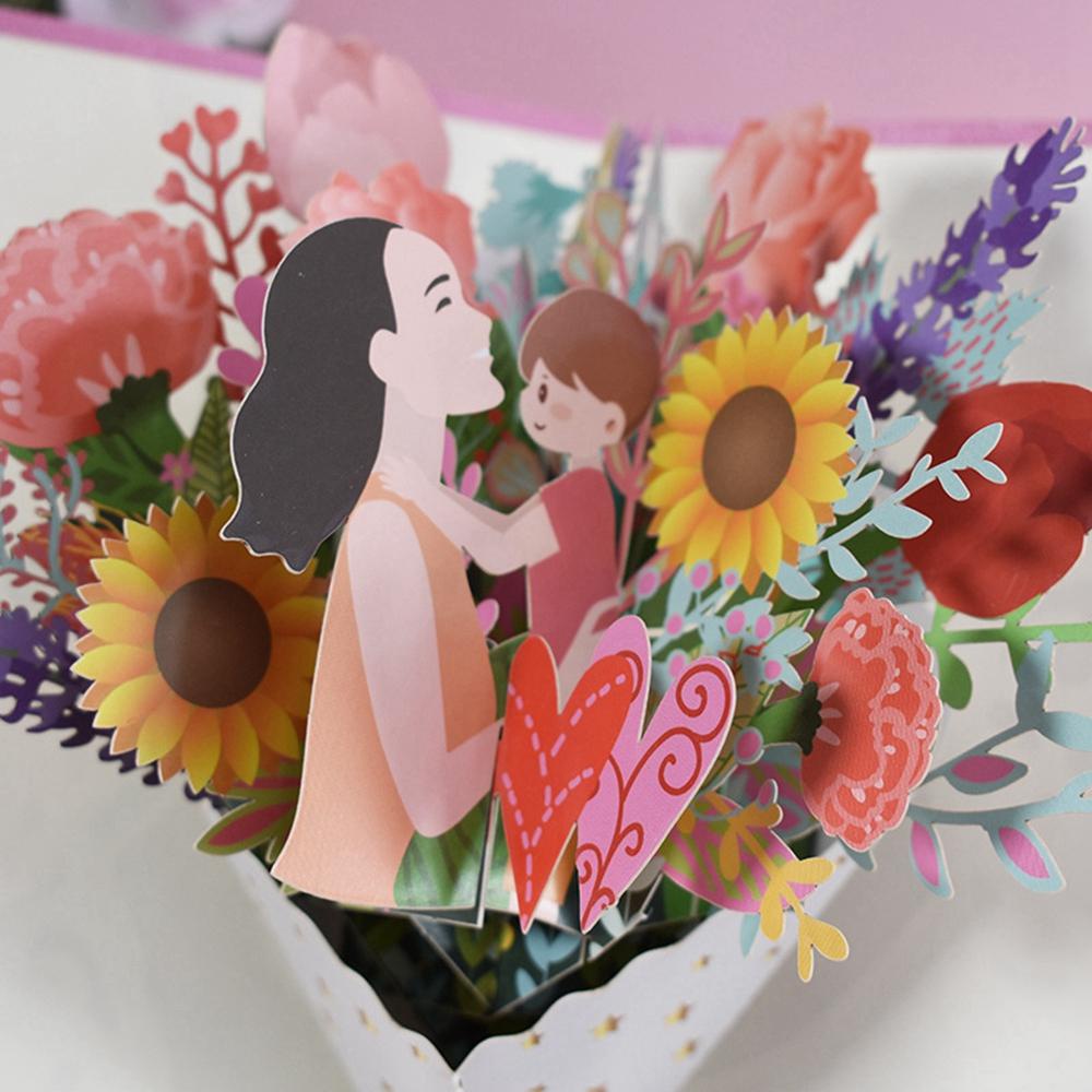 [Elegan] Mother's Day Card 3D Pop-Up Flowers Bouquet Untuk Ibu Ayah Ulang Tahun Wishes Festive Supplies