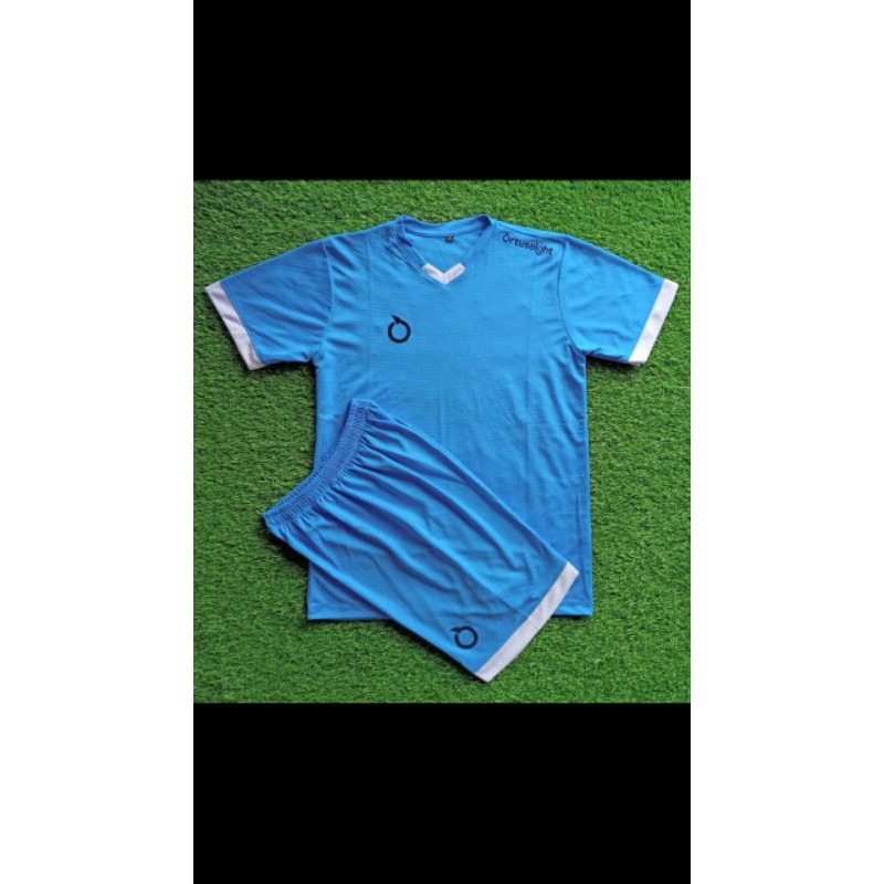 Kaos team jersey bola / voly / futsal polos anak dan dewasa warna biru muda line putih bahan dry fit