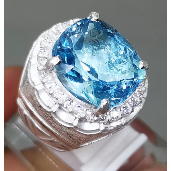 Cincin Batu Permata Blue Topaz Asli Ring Perak
