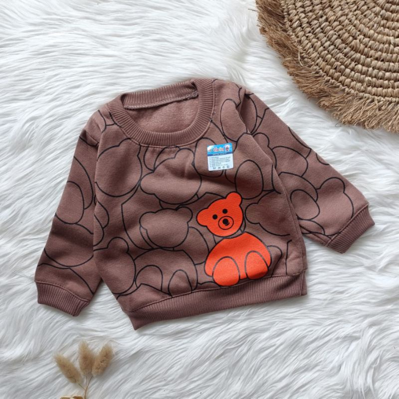 Sweater jaket bayi fleece motif bear oren 3-12 bulan