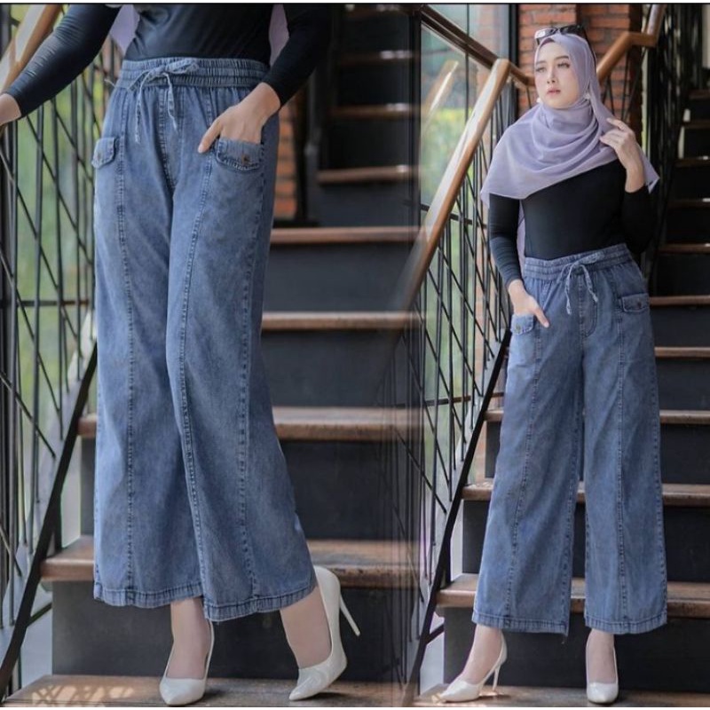 Celana Wanita Kulot Jeans Highwaist Pinggang Karet Korean Style Ootd Fashion Remaja Kekinia