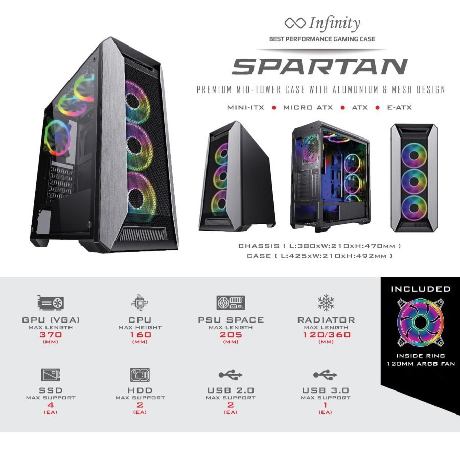 CASE INFINITY SPARTAN E-ATX | 3 FAN RGB | Mesh Alloy Tempered