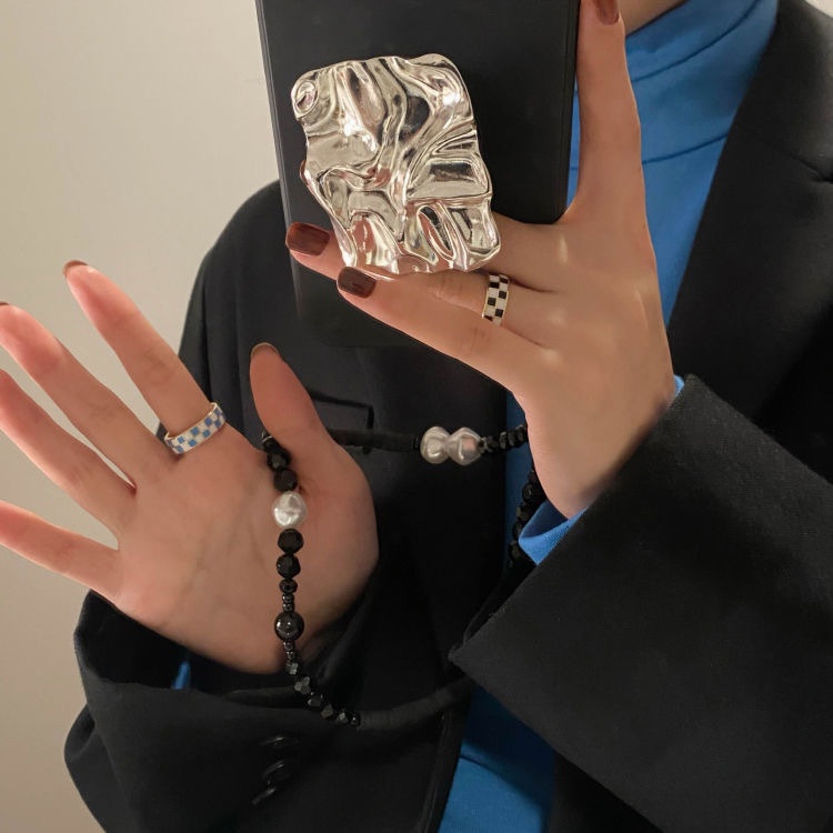 YEEZII Cincin Model Terbuka Desain Papan Catur Warna Hitam Putih Biru Gaya Retro Untuk Wanita