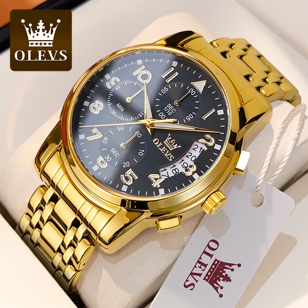 OLEVS Jam Tangan Pria Anti Air Original Stainless Steel Tanggal Chrono Luminous Emas Men Watch 2879