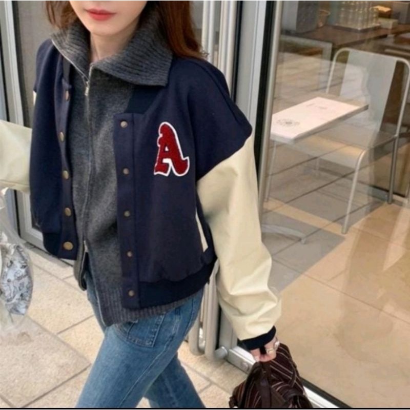 ilook | Jaket Varsity Wanita Croope A Baseball | Jaket Crop Korean Style