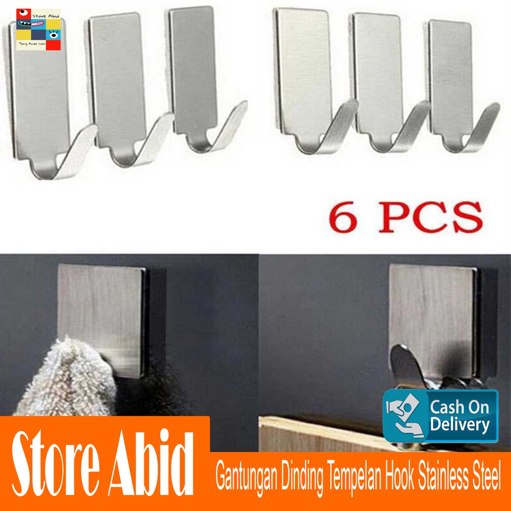 Gantungan dinding tembok SerbaGuna Tempelan Hook Stainless Steel 6 Pcs