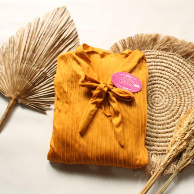 GAMIS PLISKET PITA MAYUNG JUMBO/ GAUDI  LONG DRESS PLISKET/ GAMIS DASI-Mustard