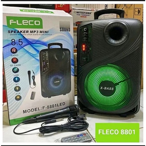 TERBARU speaker bluetooth karaoke 8,5 inch mic wireless x bass radio fm 5000watt LED xtra bass Best Qualiity wireless microphone cas rechargeable super bass tripod speaker fleco f8606/ F8801/ F 6011/ 8809Tripod/ f8806Tripod/FLECO T690