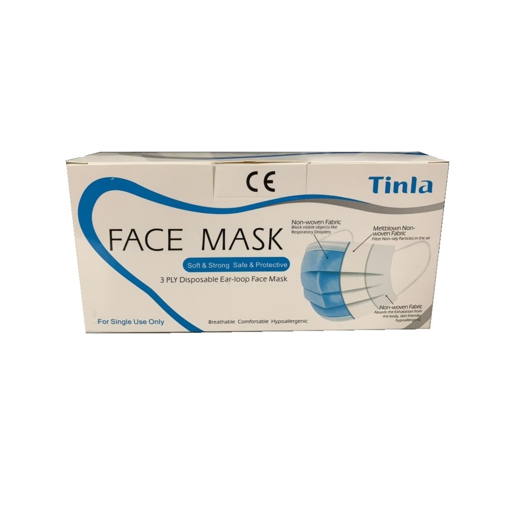 Tinla 3 PLY Earloop Masker - 1 BOX - 50 PCS - FDA dan CE approved