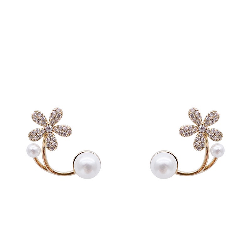 Anting Stud Bentuk Bunga Aksen Mutiara Untuk Wanita