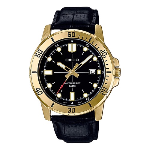 Casio Original MTP VD01GL 1E / MTP-VD01GL-1E Jam Tangan Pria Kulit Hitam Emas Gold