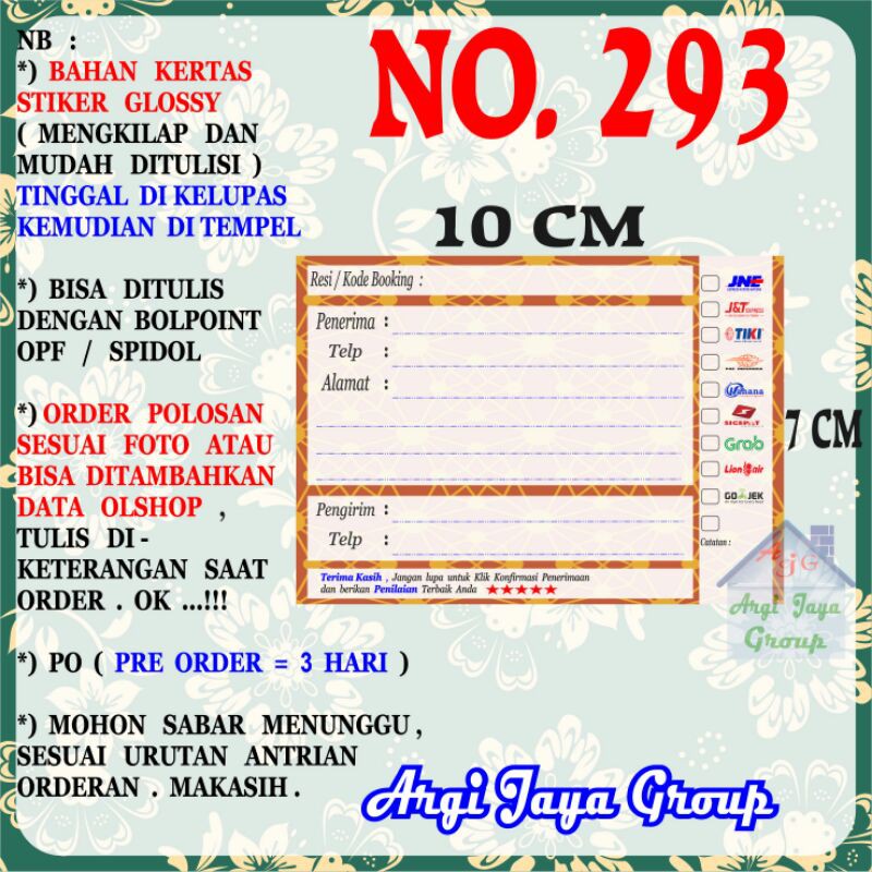 

Stiker Pengiriman - Sticker Alamat Olshop Murah Nomer 293 - 10x7 cm - Glossy