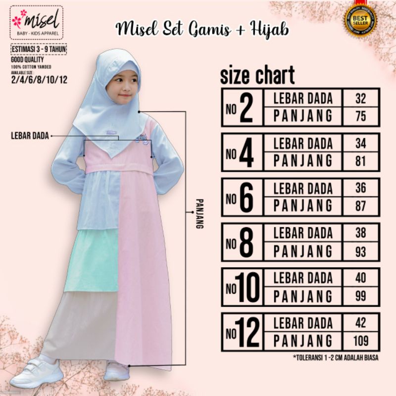 GAMIS ANAK PEREMPUAN + HIJAB  MEREK MISEL  3-9 TAHUN