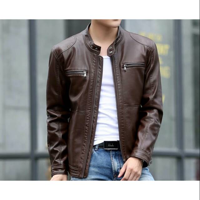 Jaket Semikulit pria korea warna coklat / brown leather jacket