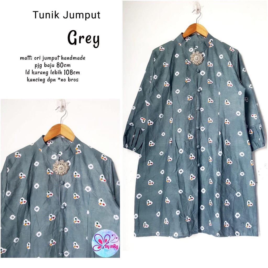 PREMIUM Tunik Jumputan Grey Dress Balon Jumput Panjang Handmade Batik Solo Motif Formal Bisa Beli Bahan Kain Saja